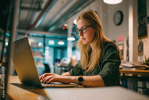 Focused Young Woman at Office Desk: Millennial Employee Concentrated on Laptop Work. Work online on computer at workplace, consult client distant.