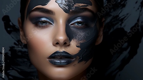 Black makeup, woman's face presenting women's beauty products