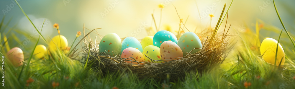 Colorful easter eggs in a nest on a flowery meadow - banner