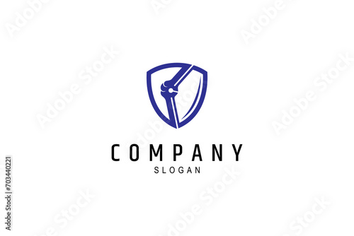 knee joint bone logo with shield combination in flat style