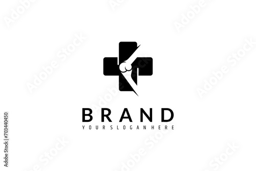 knee joint bone health logo with medical cross symbol in flat style
