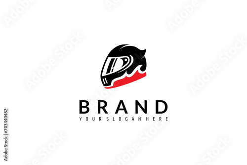 Racer helmet logo with flame variations in flat template design vector