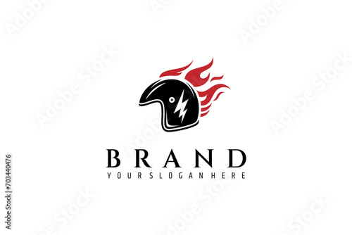 Retro helmet logo with flame variations in flat template design vector