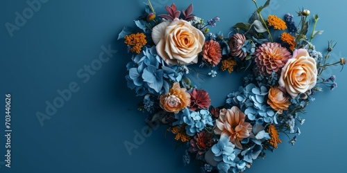 Blue flowers bouquet on a blue background. Flat lay, top view, valentine vibes