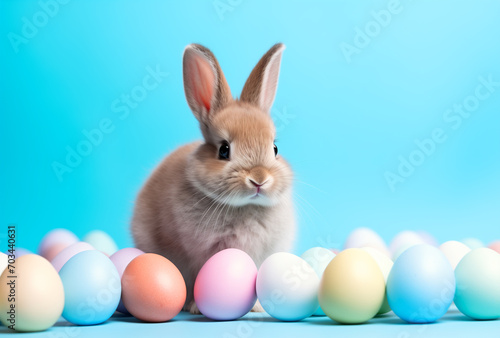 Cute easter bunny with eggs on a light blue background