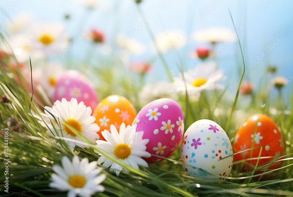 Decorated easter eggs in a medow with flowers