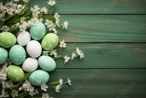 Easter eggs and flowers on a wooden background