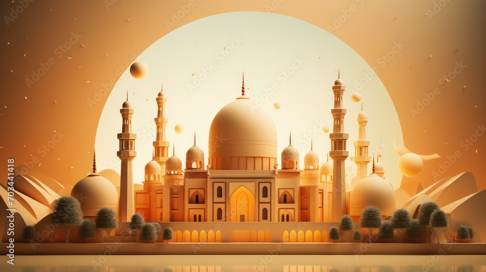 Eid Mubarak background with mosque and moon. Ramadan Kareem