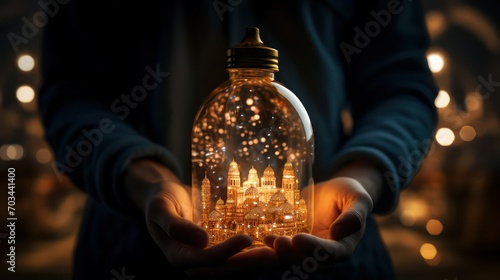 Close up of woman hands holding glowing light bulb with cityscape inside