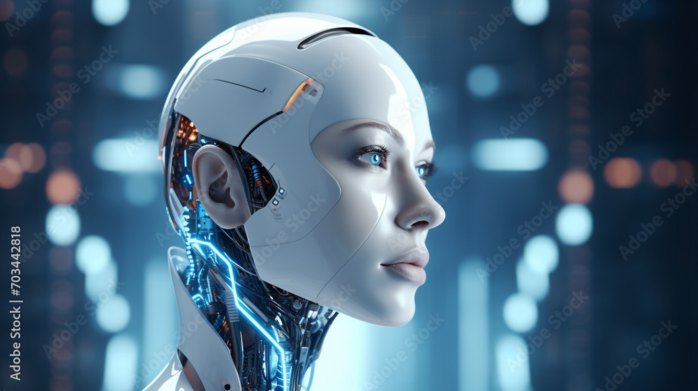 3D humanoid AI robot. Metaverse or cyberspace digital world background. AI artificial intelligence concept. 3D humanoid AI robot. Metaverse or cyberspace digital world background. AI artificial intelligence concept.