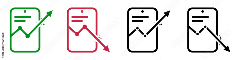 Mobile phone analysis icon app store growth and fall. Finance phone graph Mobile phone analysis icon app store growth and fall. Finance phone graph