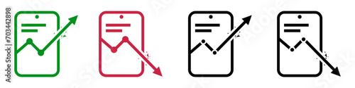 Mobile phone analysis icon app store growth and fall. Finance phone graph