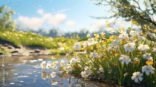 Riverside serenity sets the scene for an illustrated spring flower meadow in full bloom