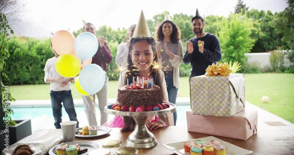 Clapping Cake Birthday party, cake and child blow candles, flame and happy family ...