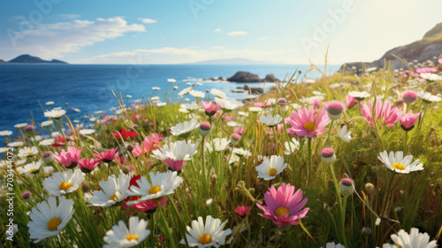 Summer radiance graces a coastal flower meadow in this vividly depicted illustration