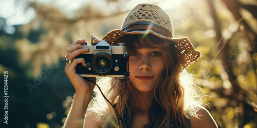 young teenager girl woman outdoor in the forest use a vintage analoge camera for takeing photos and posing between the woods like childhood memories from nice summerbreaks  photo