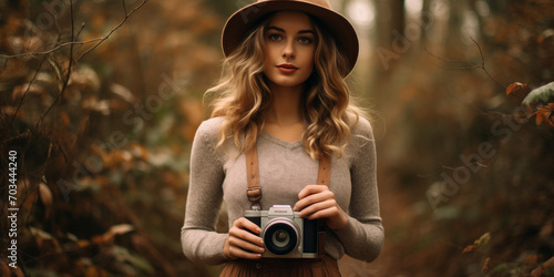 Hypster woman in hat outdoor in the forest use a vintage analoge camera for takeing photos and posing between the woods with leather camera strap photo