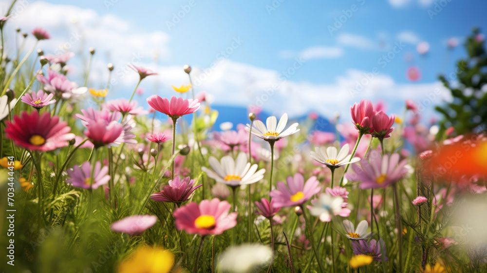 Spring blooms in an illustrated flower meadow,  nestled in the heart of a countryside 