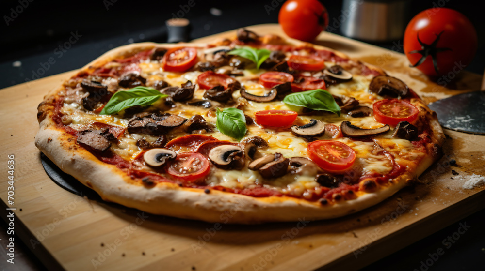 Pizza with mushrooms and tomatoes