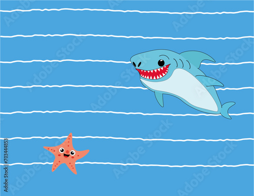 disegno stella marina e squalo con sfondo celeste e righe bianche per tovaglietta americana scherzosa e divertente  o borsa shopper o telo mare per bambini