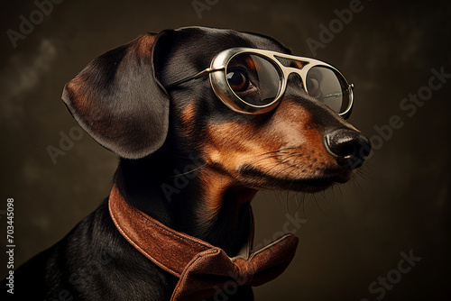 dachshund dog with glasses on a wooden background, studio shot. Portrait of a dog with glasses on a dark background