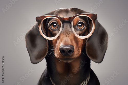 dachshund dog with glasses on a wooden background, studio shot. Portrait of a dog with glasses on a dark background © Nadezhda