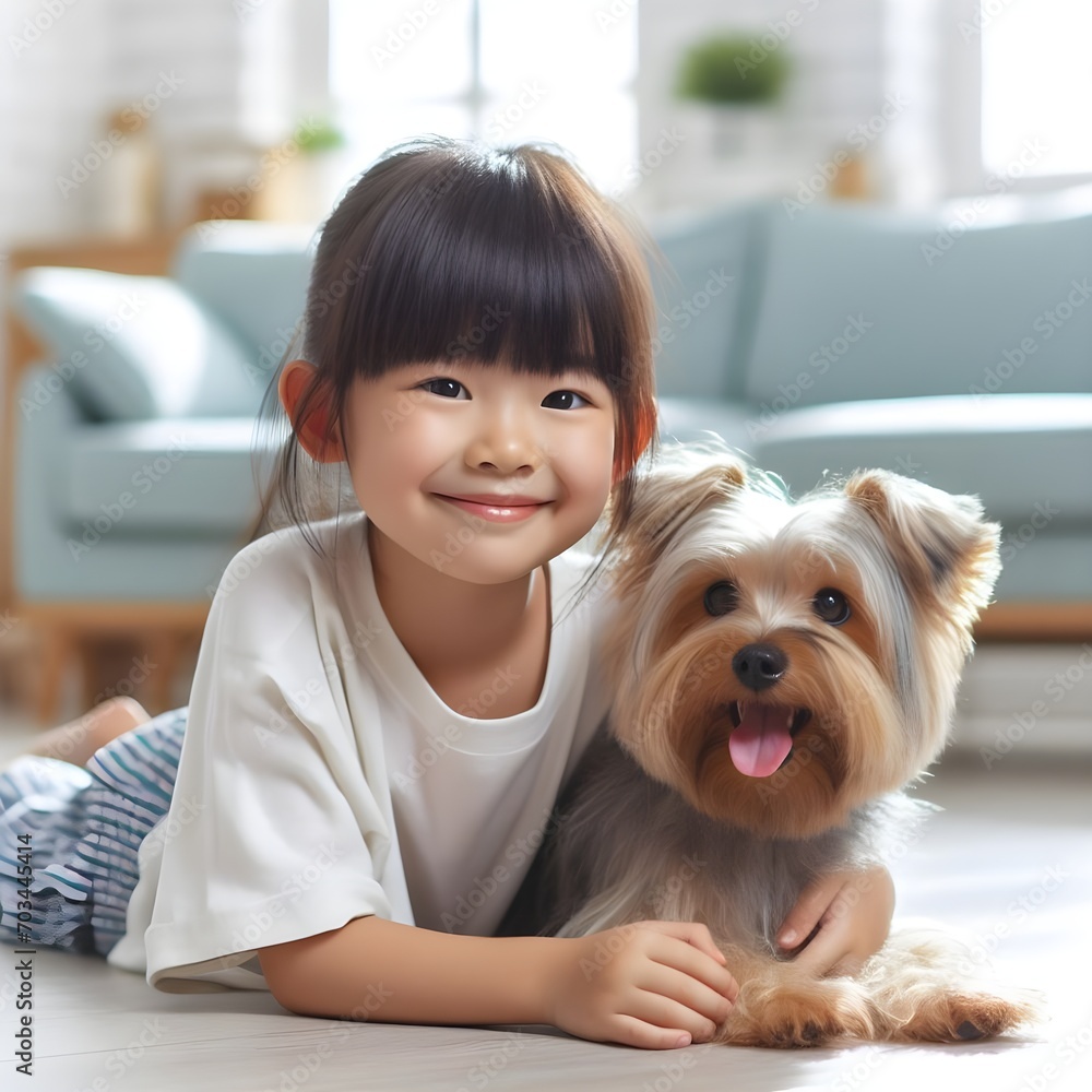 Happy young kid with dog, childhood and pet care concept
Happy young kid with dog, childhood and pet care concept