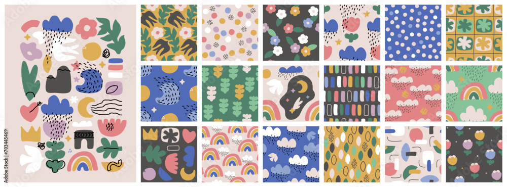 Set of abstract seamless patterns with hand drawn doodle objects and various organic shapes. Scandinavian minimalism style vector illustrations for modern wallpaper or contemporary packaging Set of abstract seamless patterns with hand drawn doodle objects and various organic shapes. Scandinavian minimalism style vector illustrations for modern wallpaper or contemporary packaging