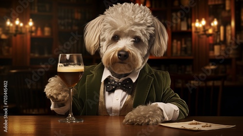 Anthropomorphic dog savoring a cigar and cognac in a dimly lit, vintage pub setting