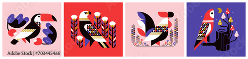 Decorative toucan, owl, eagle and rooster with ornamental flower, leaf and other elements of flora. Art deco vector illustrations set of geometric birds for elegant poster or stylish graphic print