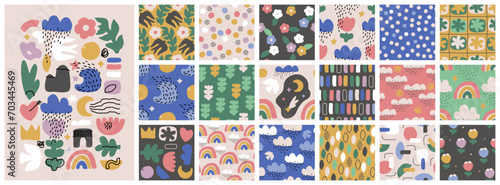 Set of abstract seamless patterns with hand drawn doodle objects and various organic shapes. Scandinavian minimalism style vector illustrations for modern wallpaper or contemporary packaging