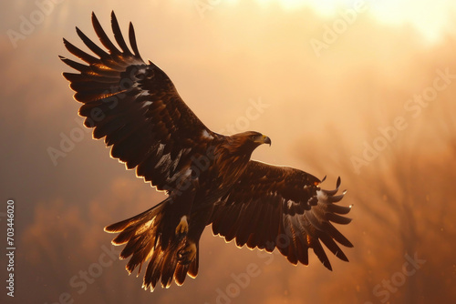 A golden eagle soars through the sky, its wings spread wide