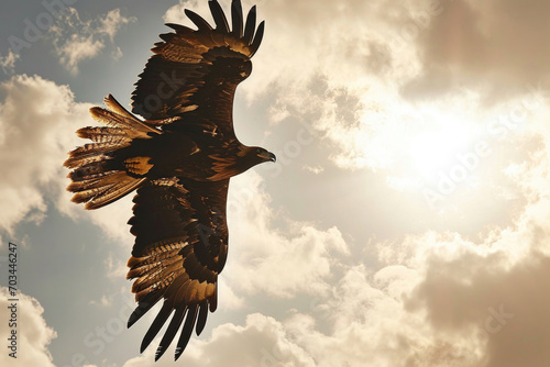 A golden eagle soars through the sky  its wings spread wide