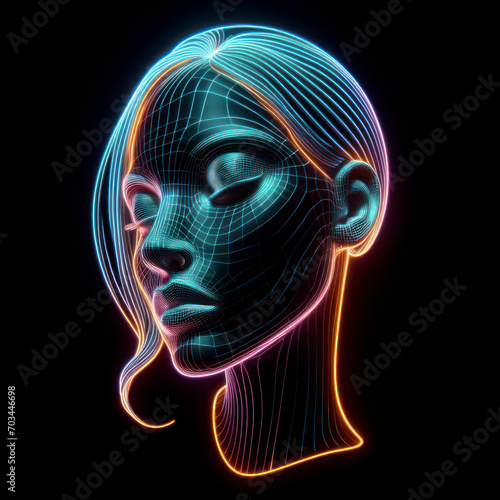3D neon mannequin womans face on a black background. ai generative