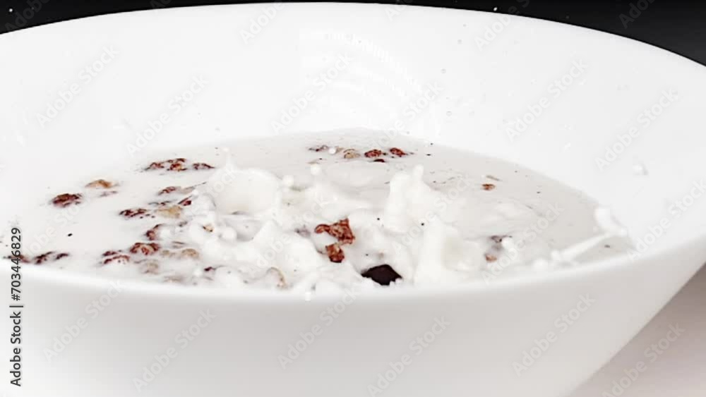 fresh white milk pouring into drinking glass corn flakes, shooting with slow motion, diet and healthy nutrition fresh white milk pouring into drinking glass corn flakes, shooting with slow motion, diet and healthy nutrition