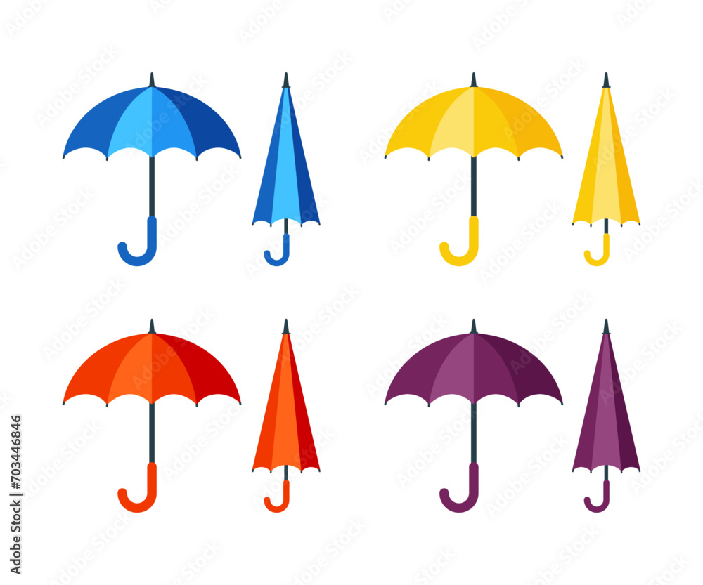 Set of umbrella icons. Open and folded umbrella vector illustration