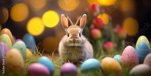 Adorable cute rabbit with easter eggs on a dark bokeh background © daniy