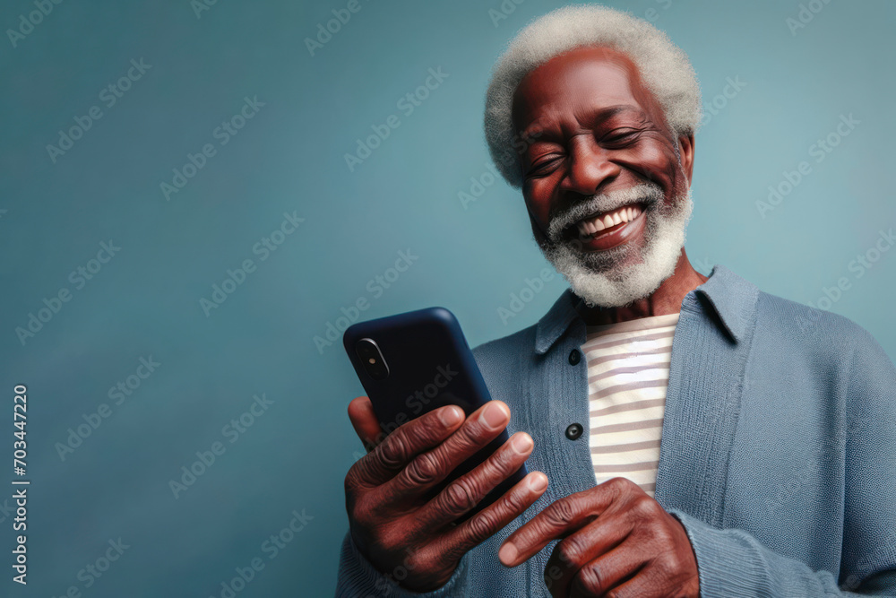 An elderly black man smiling and laughing with his phone against a colored background. ai generative - obrazy, fototapety, plakaty 