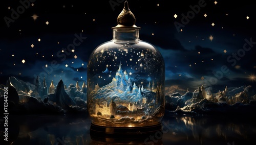 Magic crystal bottle with magic landscape on the background