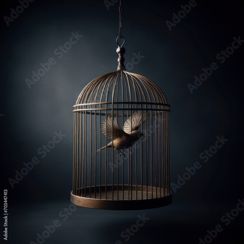 Bird cage empty, bird escape, freedom concept on dark background. ai generative photo