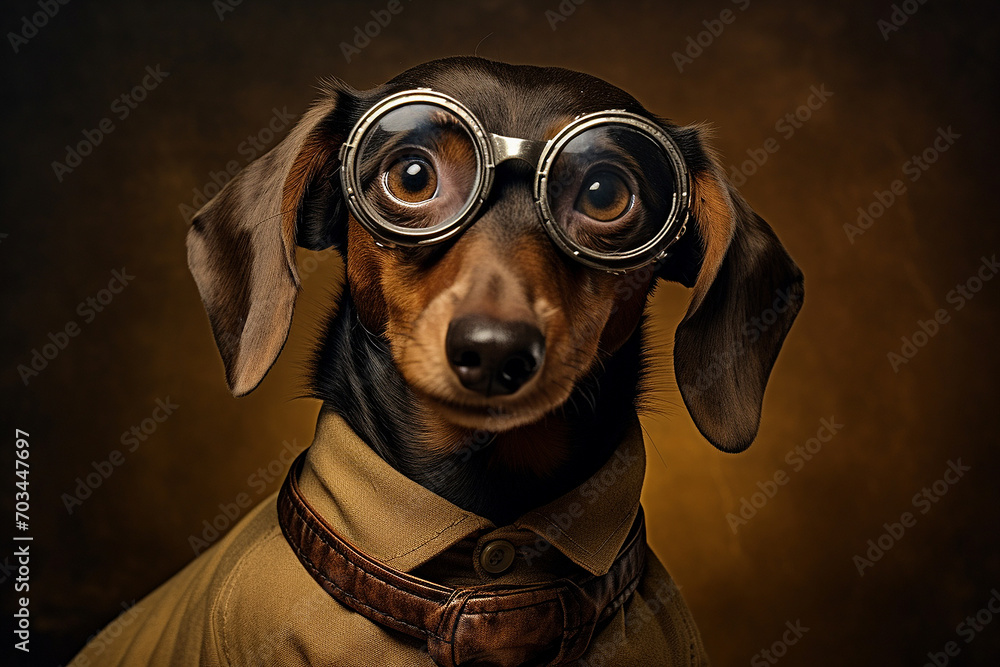 dachshund dog with glasses on a wooden background, studio shot. Portrait of a dog with glasses on a dark background