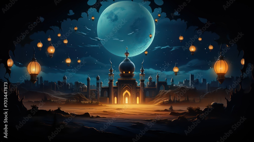 Ramadan Kareem background with mosque and moon