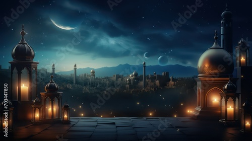 Ramadan Kareem background with arabic lanterns and mosque photo