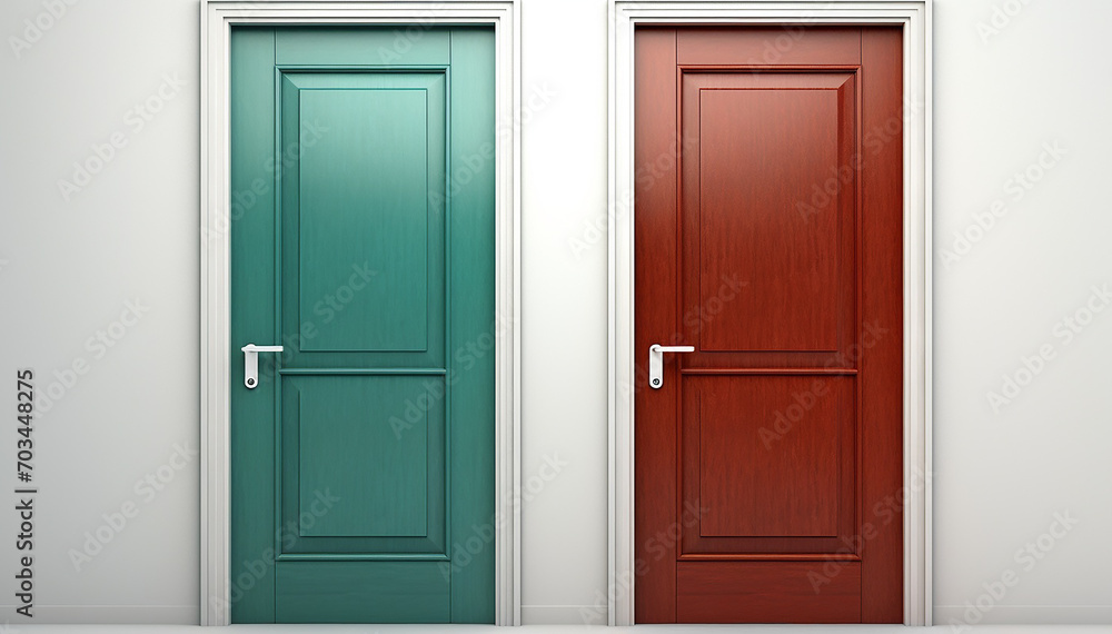 Wood door isolated on white background. Two wooden doors closeup. Doors production business concept. Modern classic stylish door for interior design. Copy space. Banner