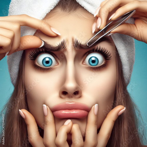 Girl plucking eyebrows with tweezers with a strange face on a blue background. ai generative