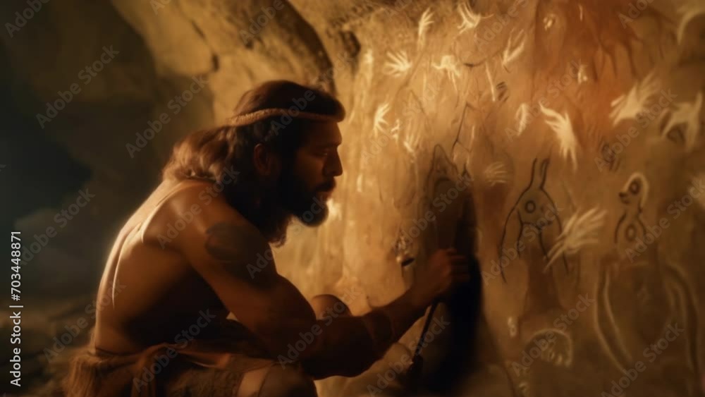 Primeval Caveman Wearing Animal Skin Standing in His Cave At Night ...