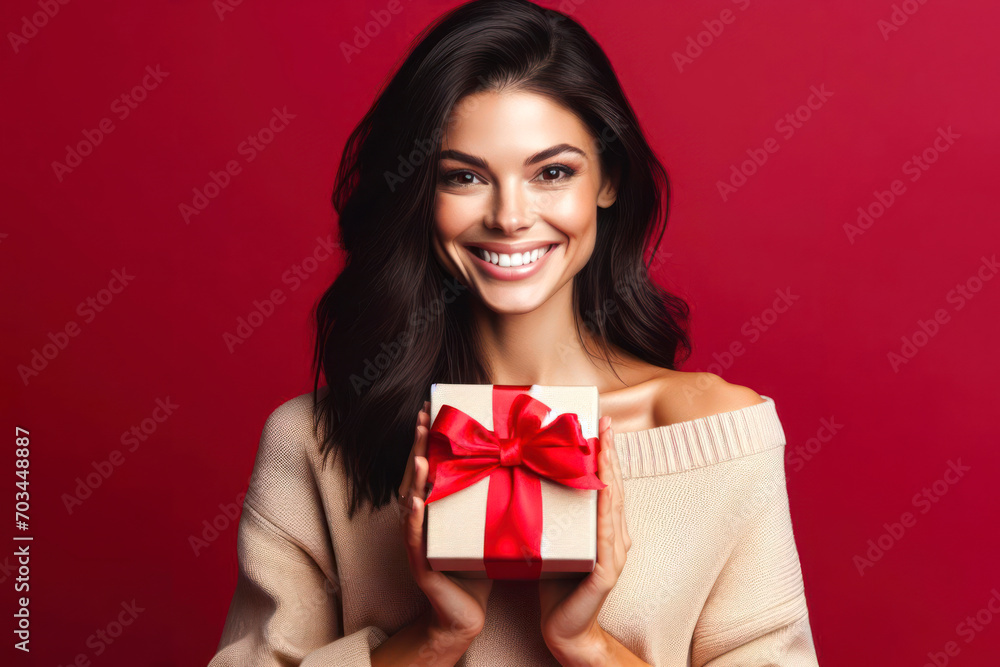 Happy smiling woman holding gift box over red background. ai generative Happy smiling woman holding gift box over red background. ai generative