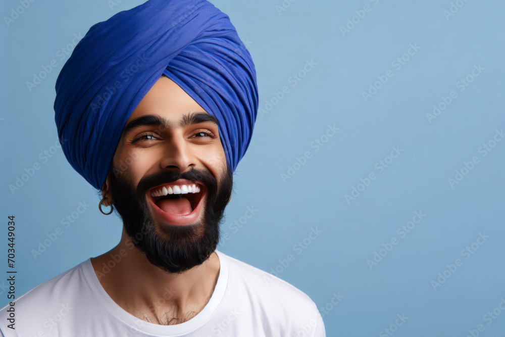 Euphoric Indian young man wearing turban standing keeping mouth open isolated on solid blue background. ai generative - obrazy, fototapety, plakaty 