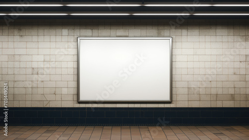 Blank wall billboard in subway, white poster mockup in metro hallway. Empty banner for advertising in passage or corridor. Concept of frame, background, mock up, template.