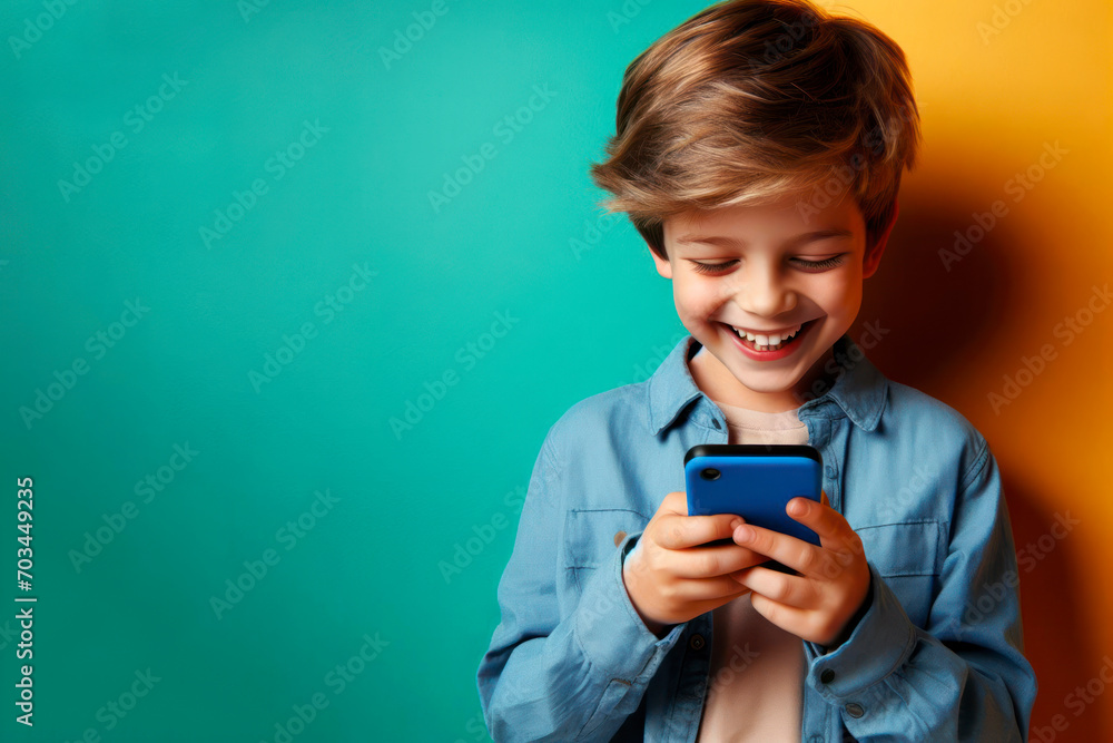 Kid boy smiling and laughing with his phone against a colored background. ai generative Kid boy smiling and laughing with his phone against a colored background. ai generative
